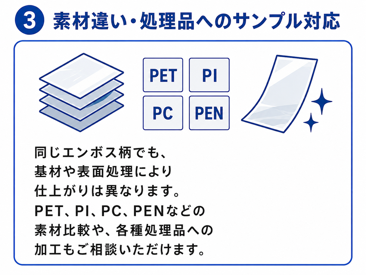 素材違いエンボスサンプルのご相談イメージ