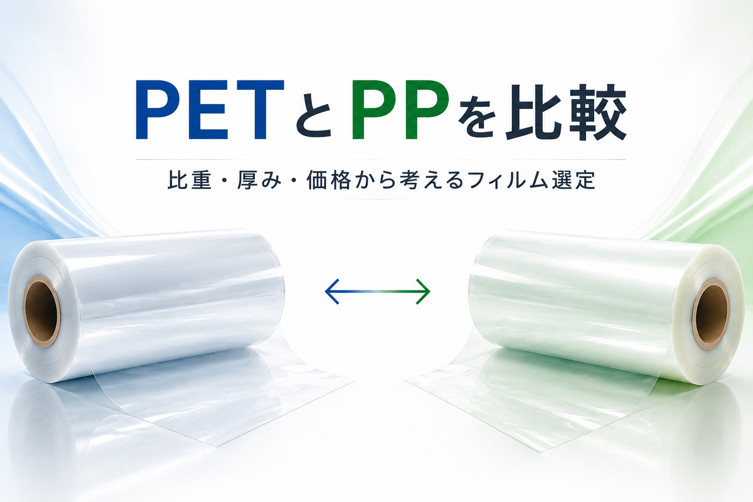 PETとPP（OPP・CPP）を比重・厚み・価格の観点から比較するフィルム選定のイメージ